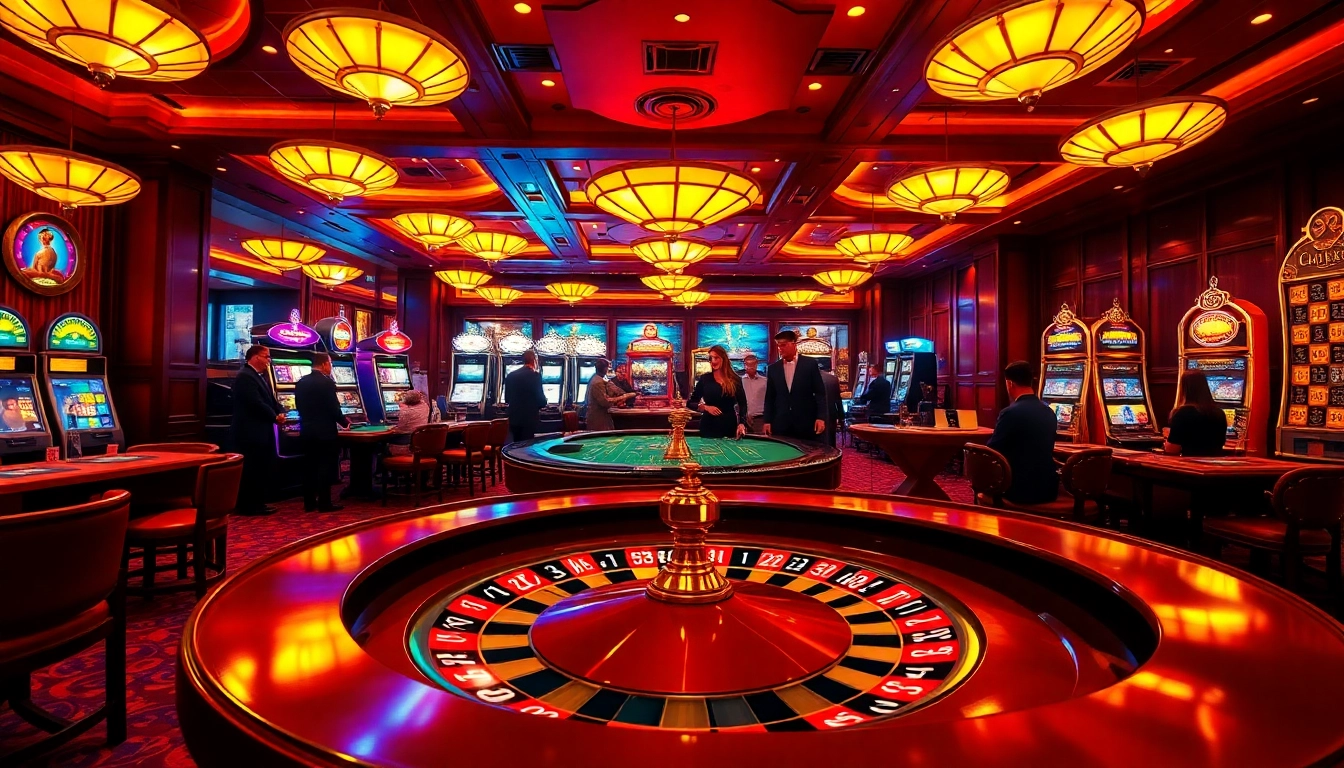 LUCK8 casino scene with engaging players at poker tables and vibrant slot machines.
