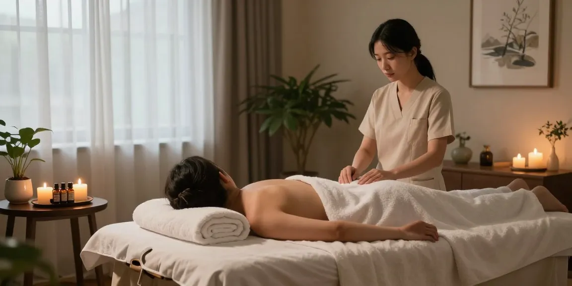1인샵에서 편안하게 휴식을 취하는 고객과 아로마 오일이 있는 마사지 테이블