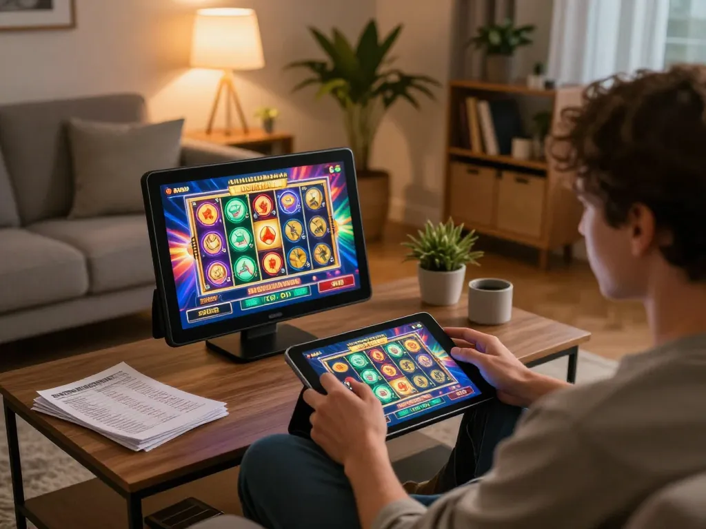 Open88 player engaging in vibrant online casino gaming on tablet, showcasing responsible gaming atmosphere