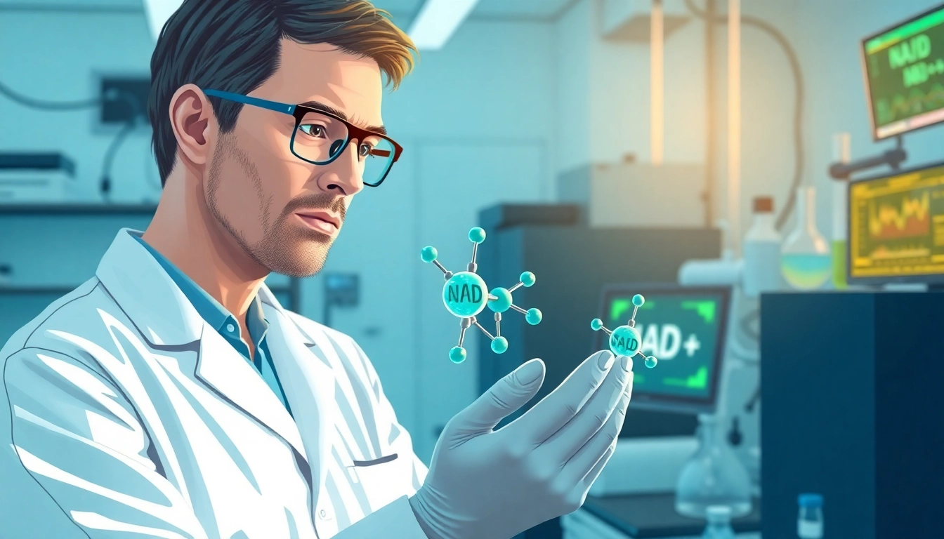 NAD+ molecular structure displayed in a professional lab setting with a focused scientist.