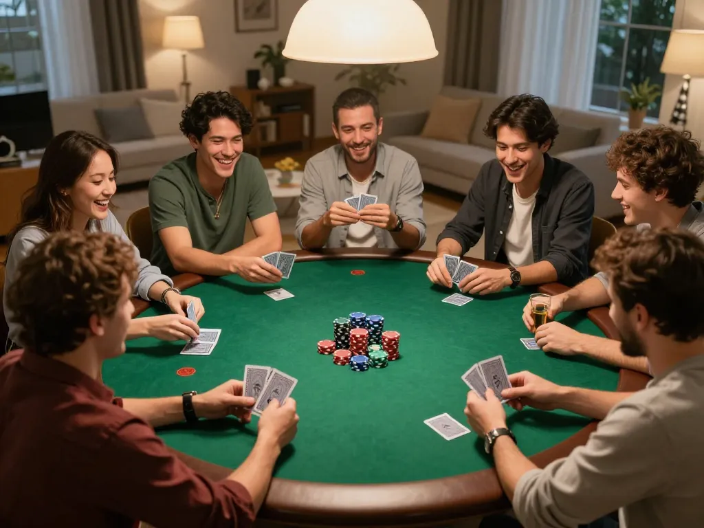 Engaged friends enjoying a poker night at home, optimizing their strategies with the 56win link.