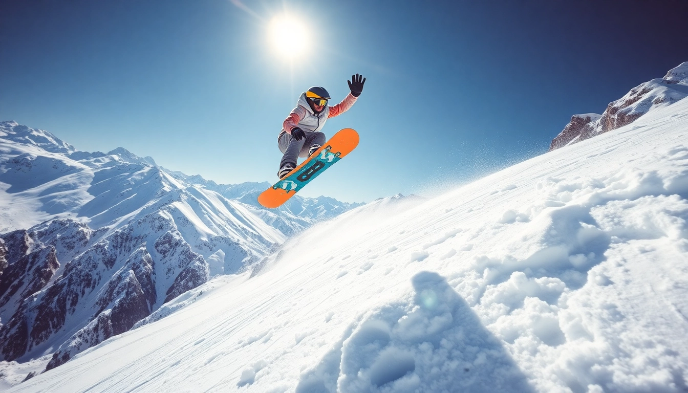 Snowboarder executing tricks with freestyle snowboards on a sunny mountain backdrop.