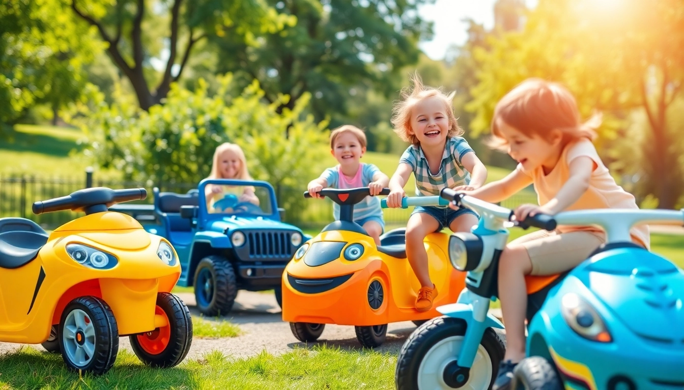 Children enjoying various ride on toys in a sunny park, emphasizing playful outdoor fun with vibrant colors.