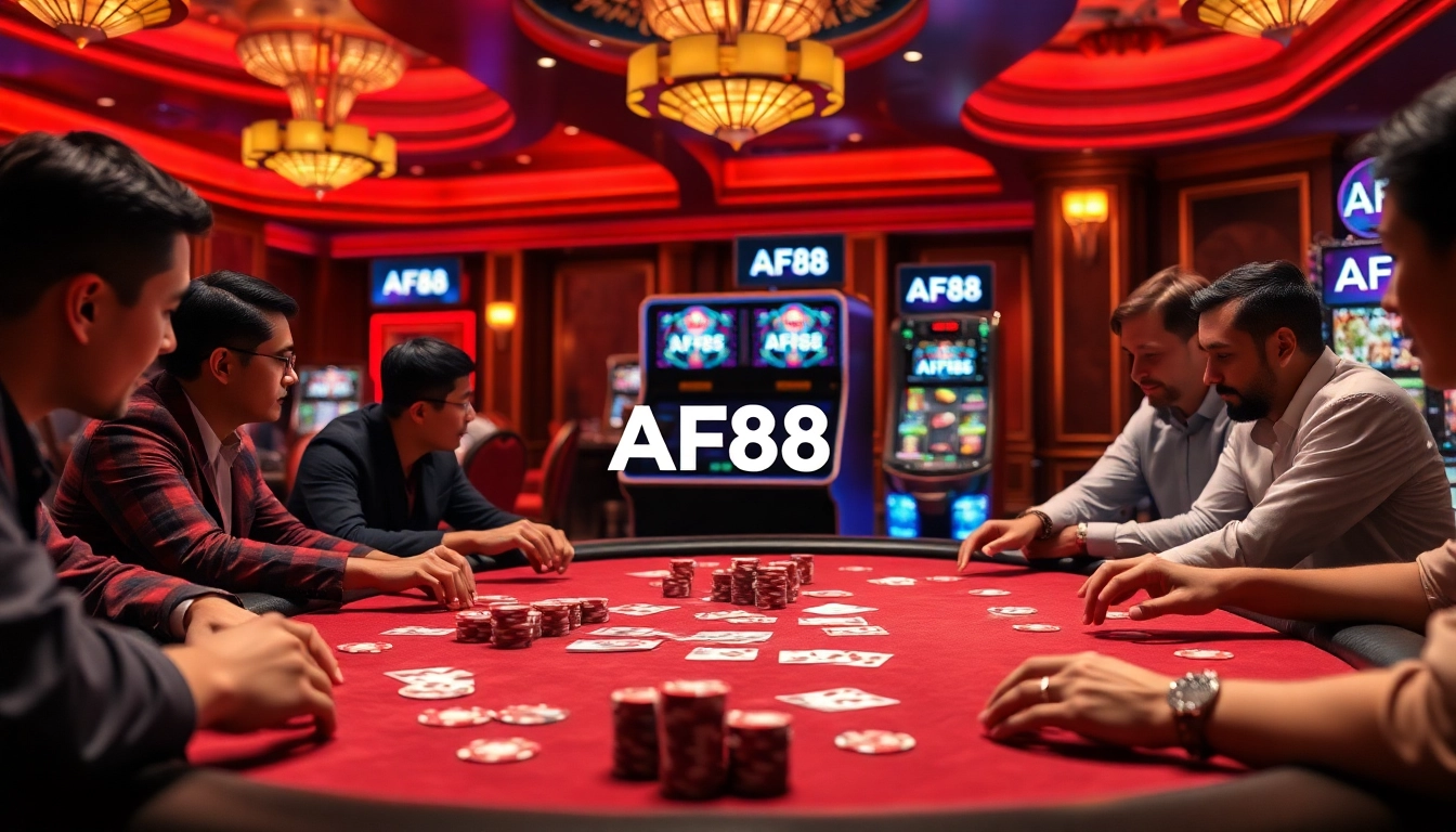 AF88 casino players strategizing at a poker table in a luxurious setting