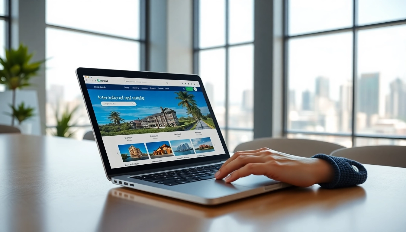 Showcase of international real estate websites on a laptop in a modern office environment.
