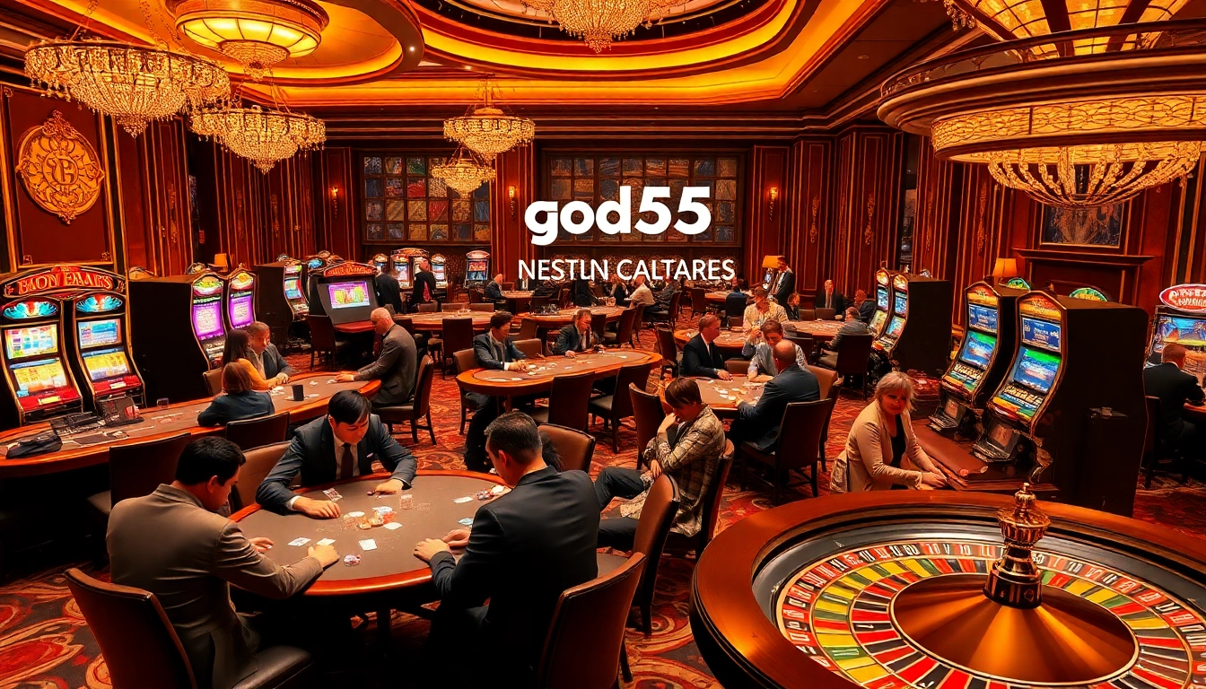 Engaged players at nhà cái god55's elegant casino, featuring poker, slots, and roulette.