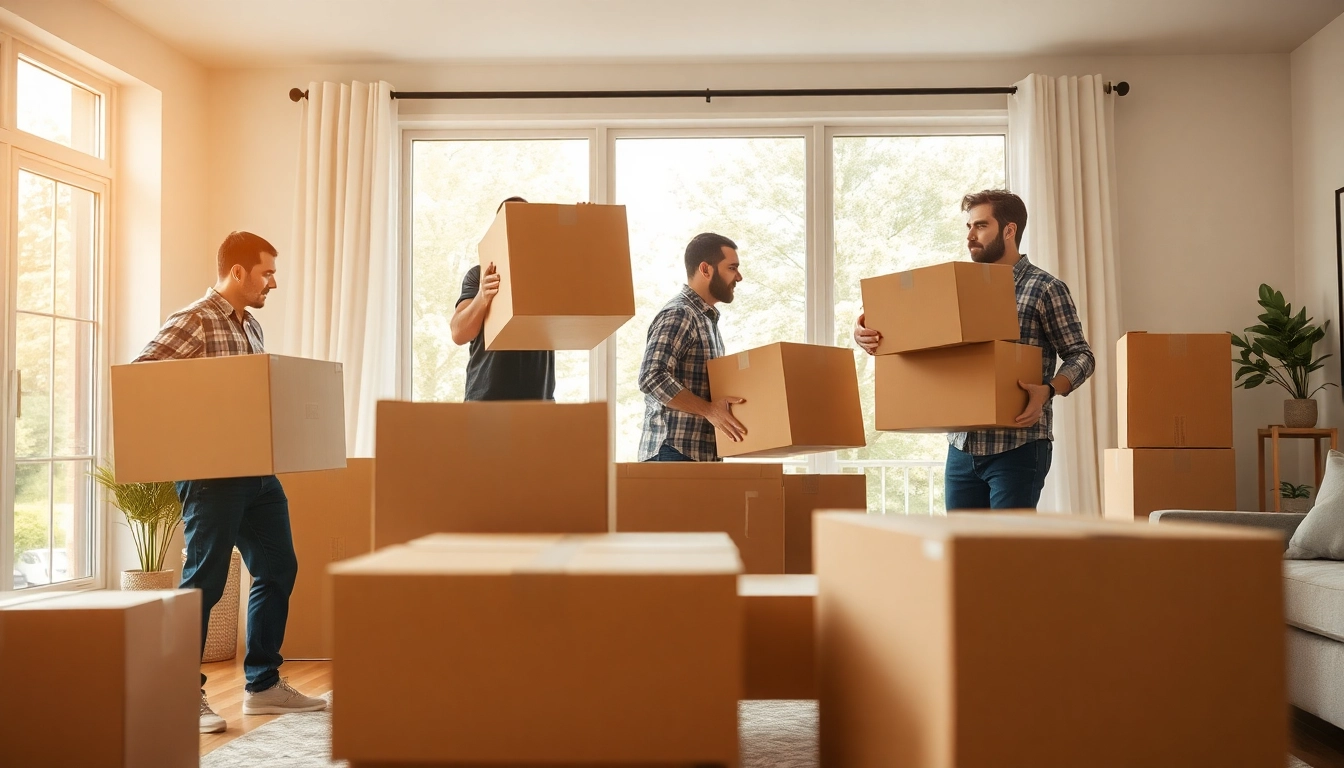 Movers from a boston moving company efficiently moving boxes in a bright living room.