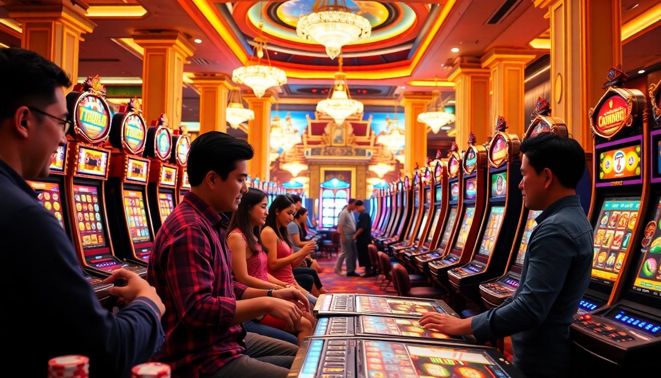 Para pemain bersenang-senang di mesin Slot Server Thailand Super Gacor dalam suasana kasino mewah.