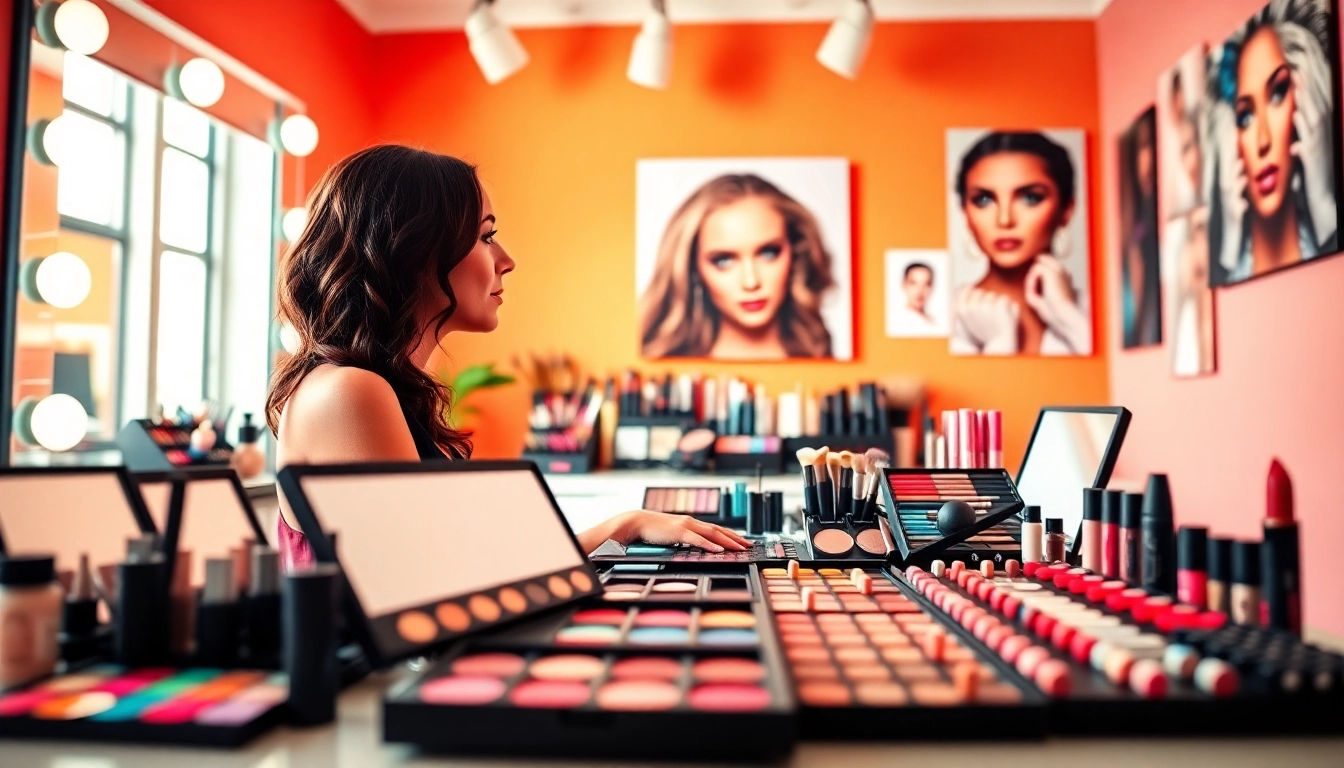 Delaware makeup artist showcasing a vibrant and colorful makeup studio setup.