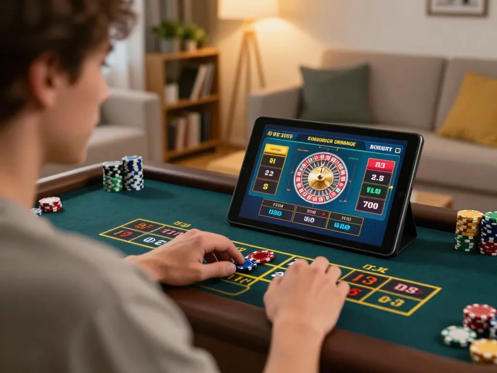 Player enjoying an online roulette game on a tablet, demonstrating strategic gameplay in vt888.