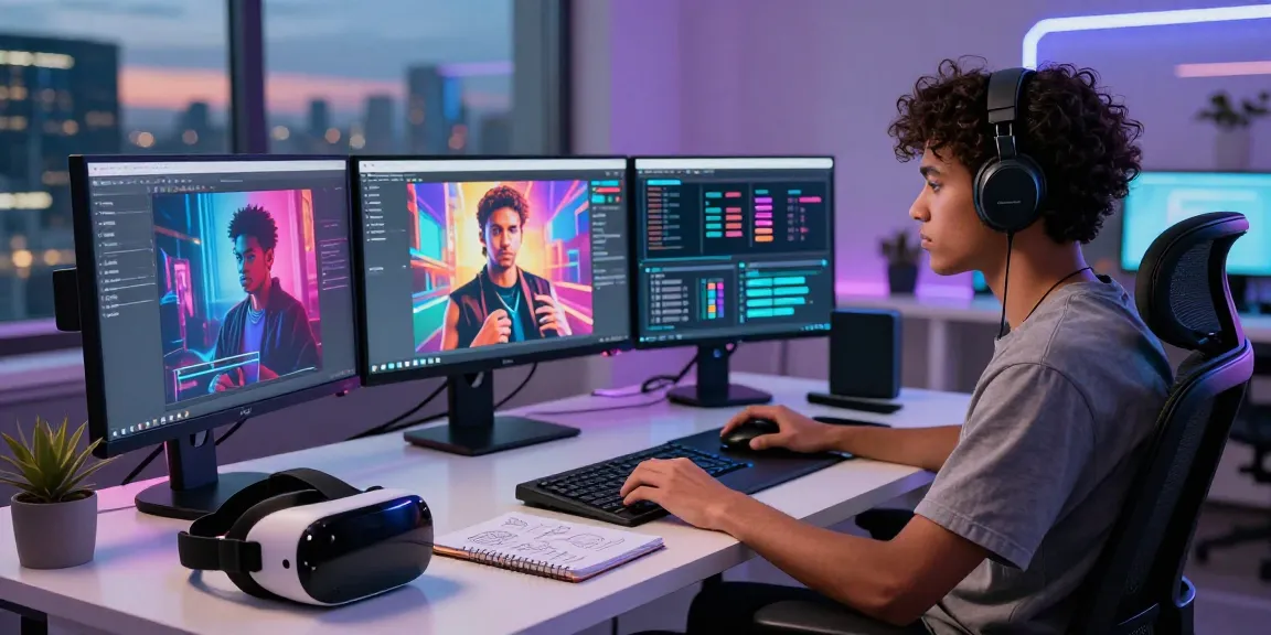 Developer creating AI porn content in a futuristic workspace with advanced technology and vibrant screens.