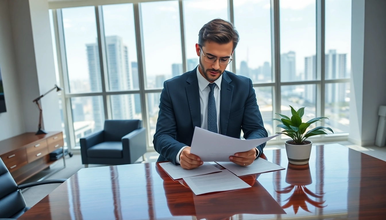 Miami high net worth divorce lawyer reviewing documents in a modern office setting.