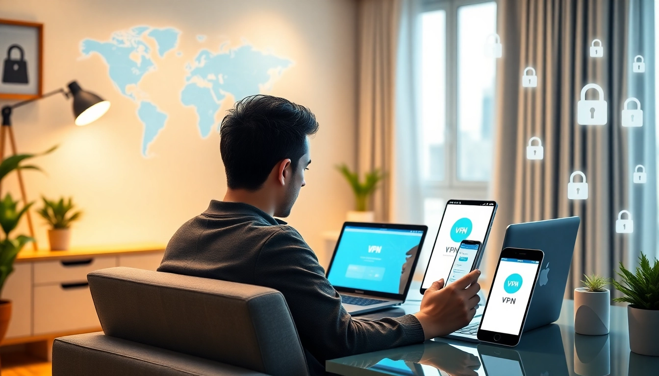快连下载 VPN interface displayed on devices in a modern workspace for secure internet access.