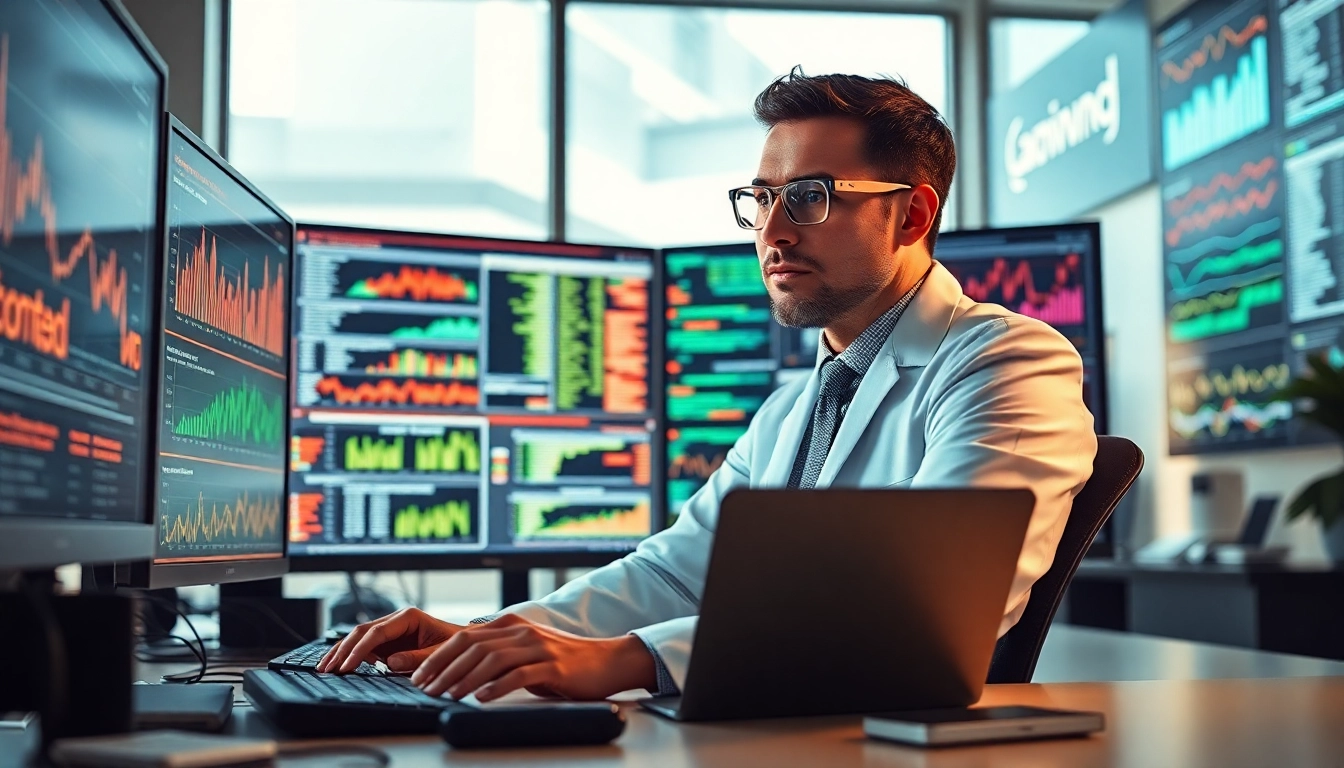 Analyze machine learning algorithms in a modern office with digital data visuals illuminating the space.