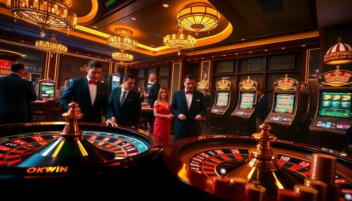 Players enjoying the excitement of casino games at Okwin, featuring poker chips and a roulette wheel.
