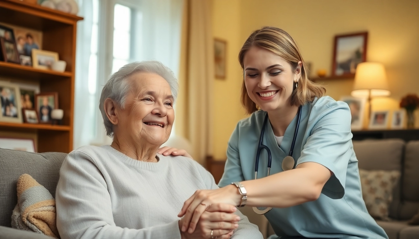 In home senior care professional interacting with an elderly client in a cozy living room.