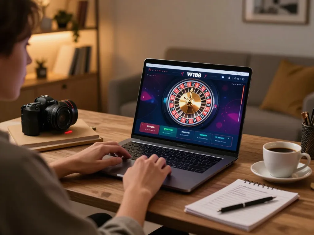 Engaging with the W188 app for online gambling while strategizing bets in a cozy setting.