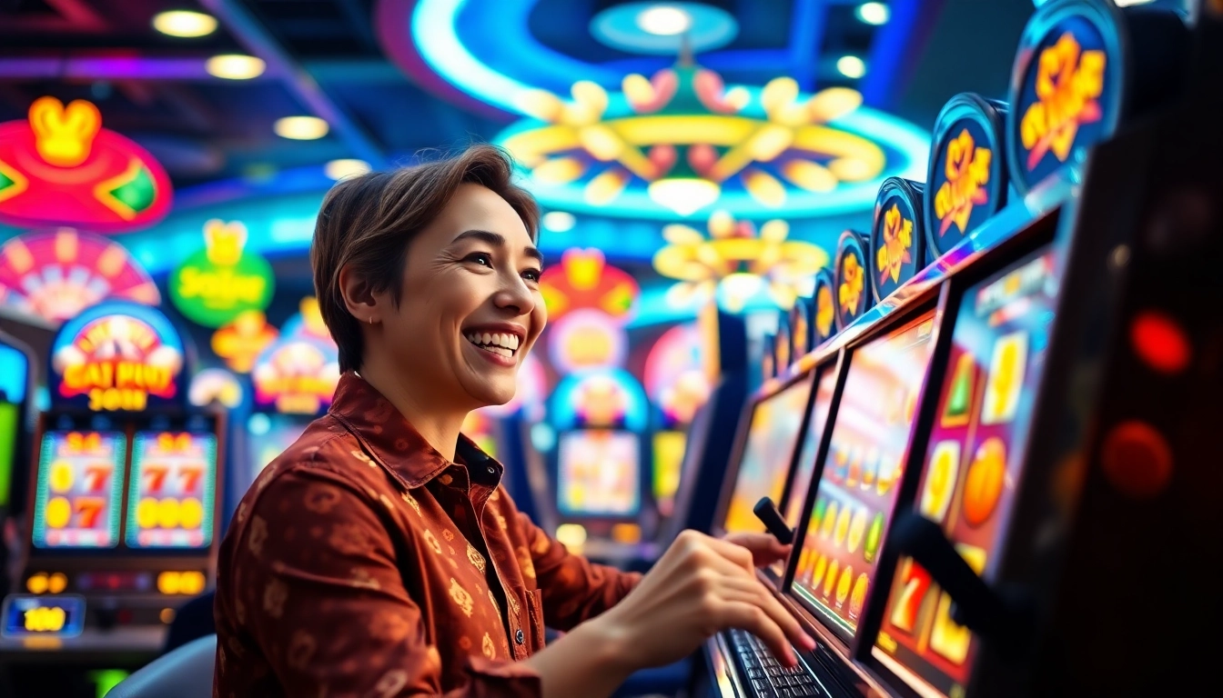Experience the thrill of slot777 with an engaging player at a vibrant casino slot machine.