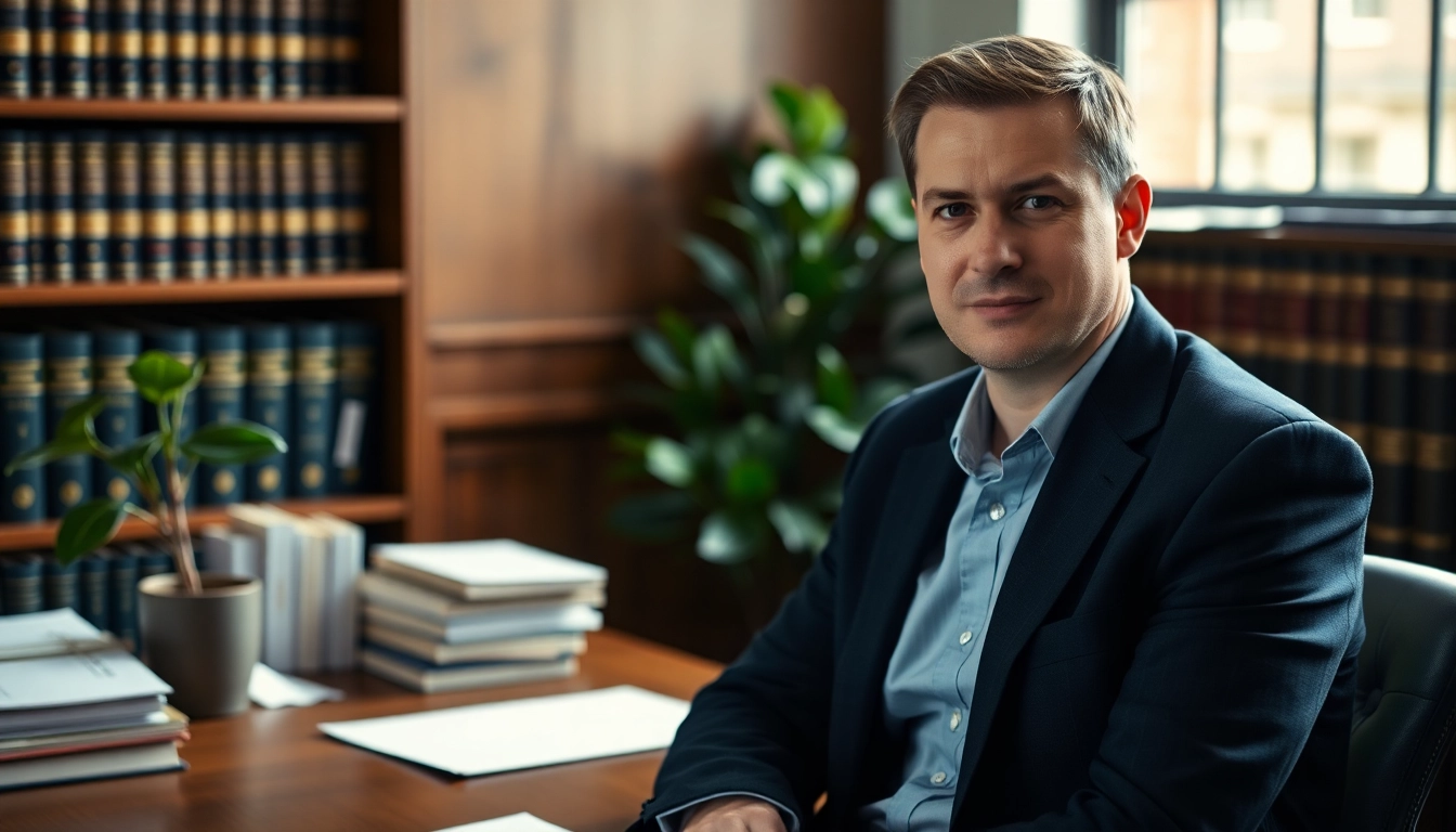 Engaging Birmingham Family Lawyer at office desk exuding professionalism and trust.