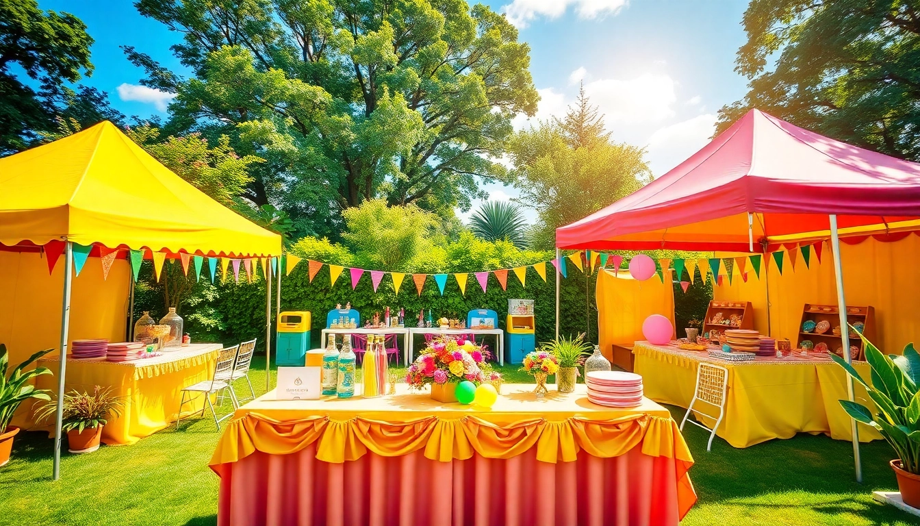 Party Rentals setup outdoors featuring colorful decorations and festive atmosphere.