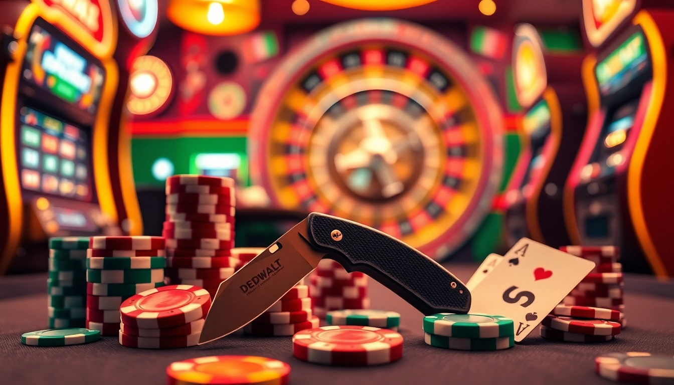 The DeWalt knife sets the stage for winning in casino games, surrounded by poker chips and cards.