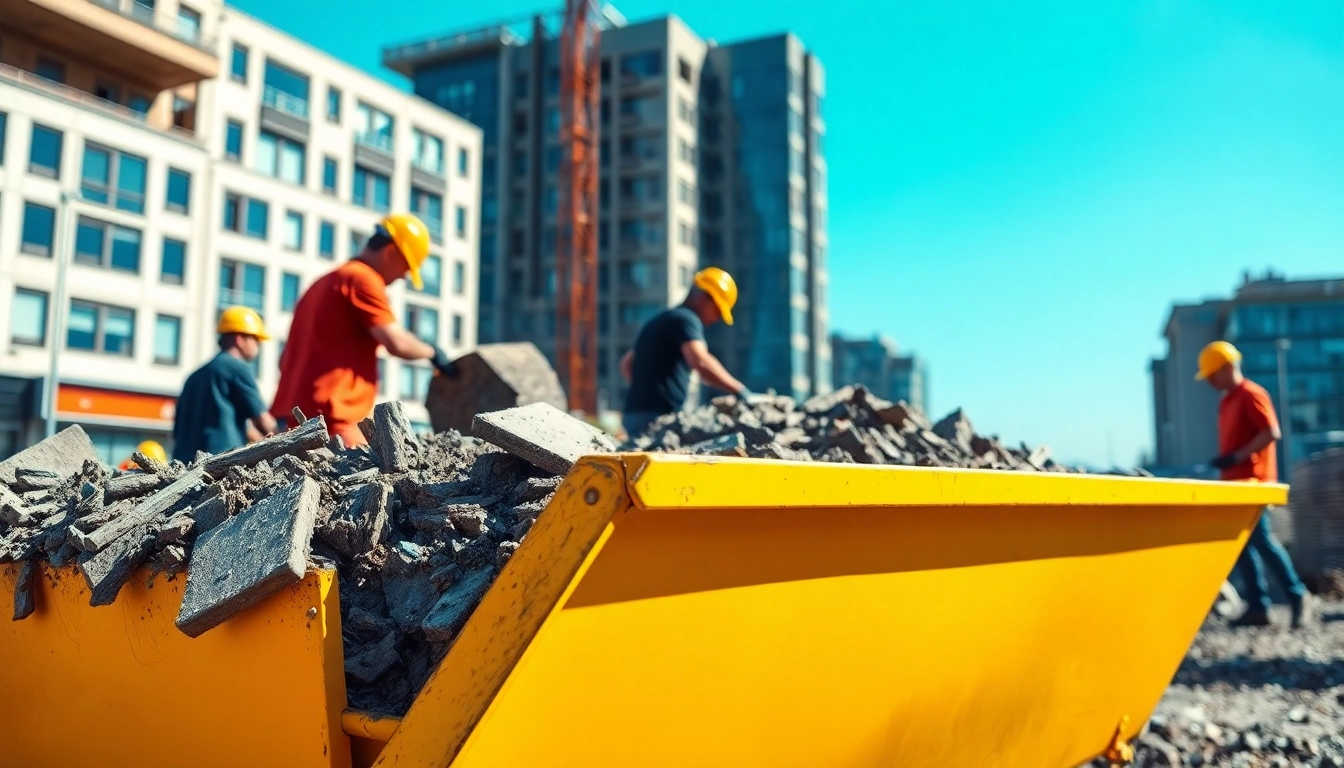 Efficient skip hire service at a busy construction site with active workers and a filled yellow skip.
