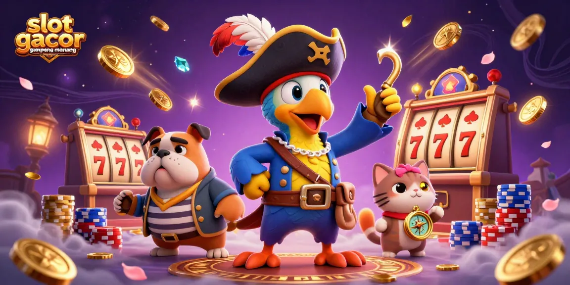 Experience slot gacor gampang menang with a lively casino scene featuring a pirate captain, bulldog, and cat amid coins and cards.