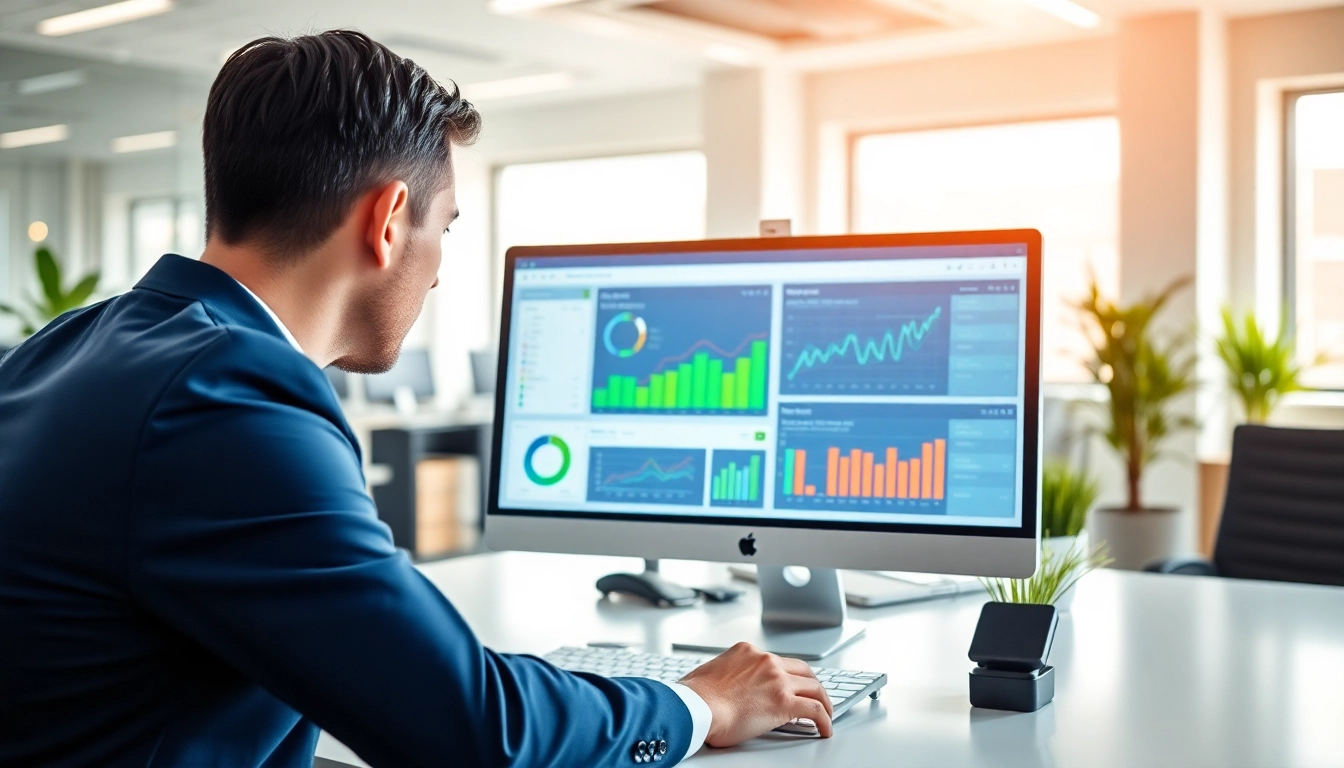 Engaged professional utilizing invoice processing software in a modern office setting.