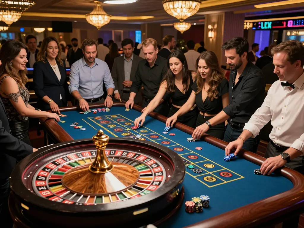 Players engaging in a thrilling roulette game at 388bet casino, chips and excitement abound