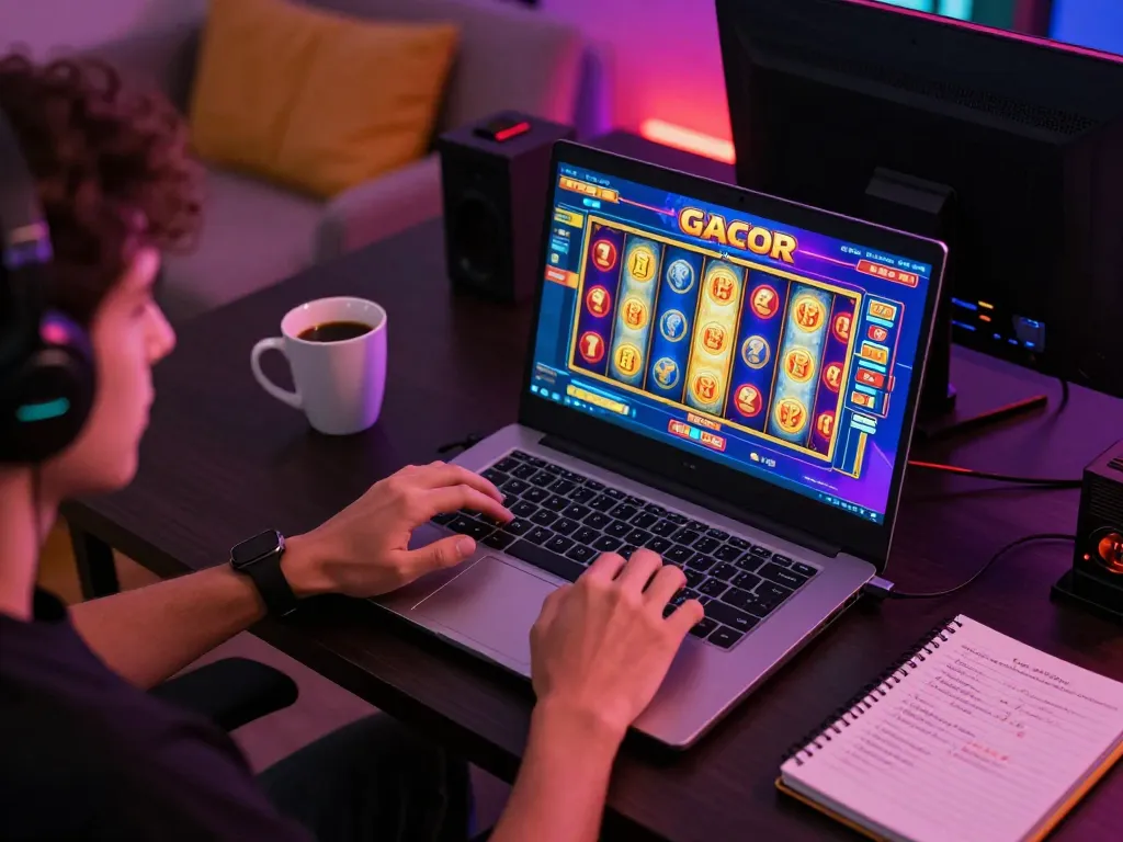 Player spinning reels on slot gacor game at home, enjoying online gambling experience