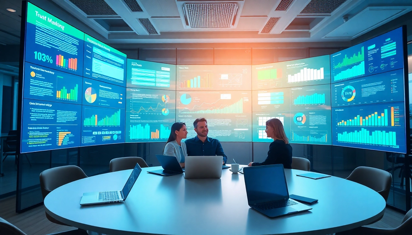 Illustration of information flow with data visuals and collaborative team in a modern office.