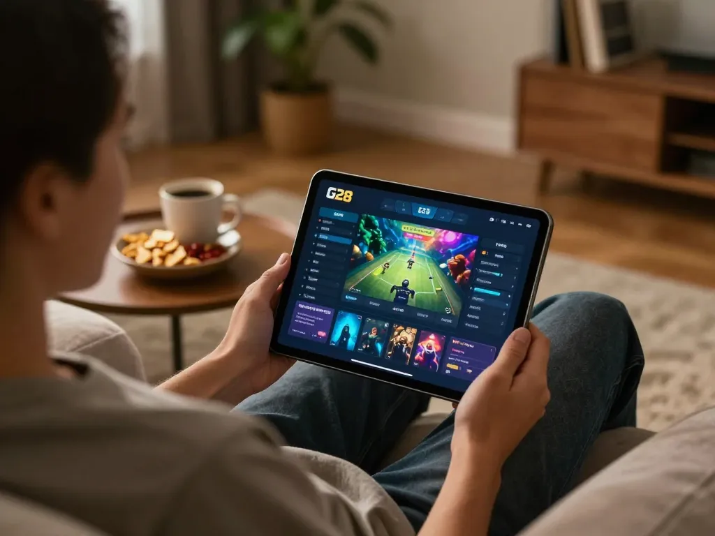Engaging with g28 trang chủ app on a comfortable home gaming setup during a cozy session
