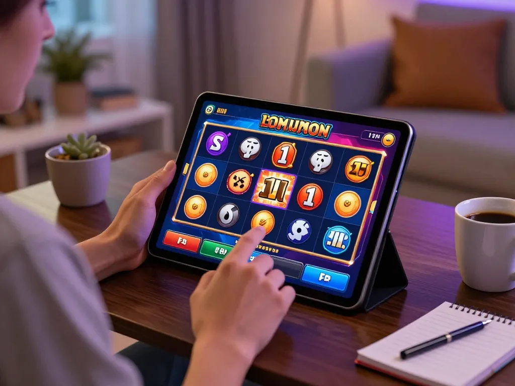 Bermain permainan link slot di tablet dalam suasana rumah yang nyaman, menyoroti perjudian online.