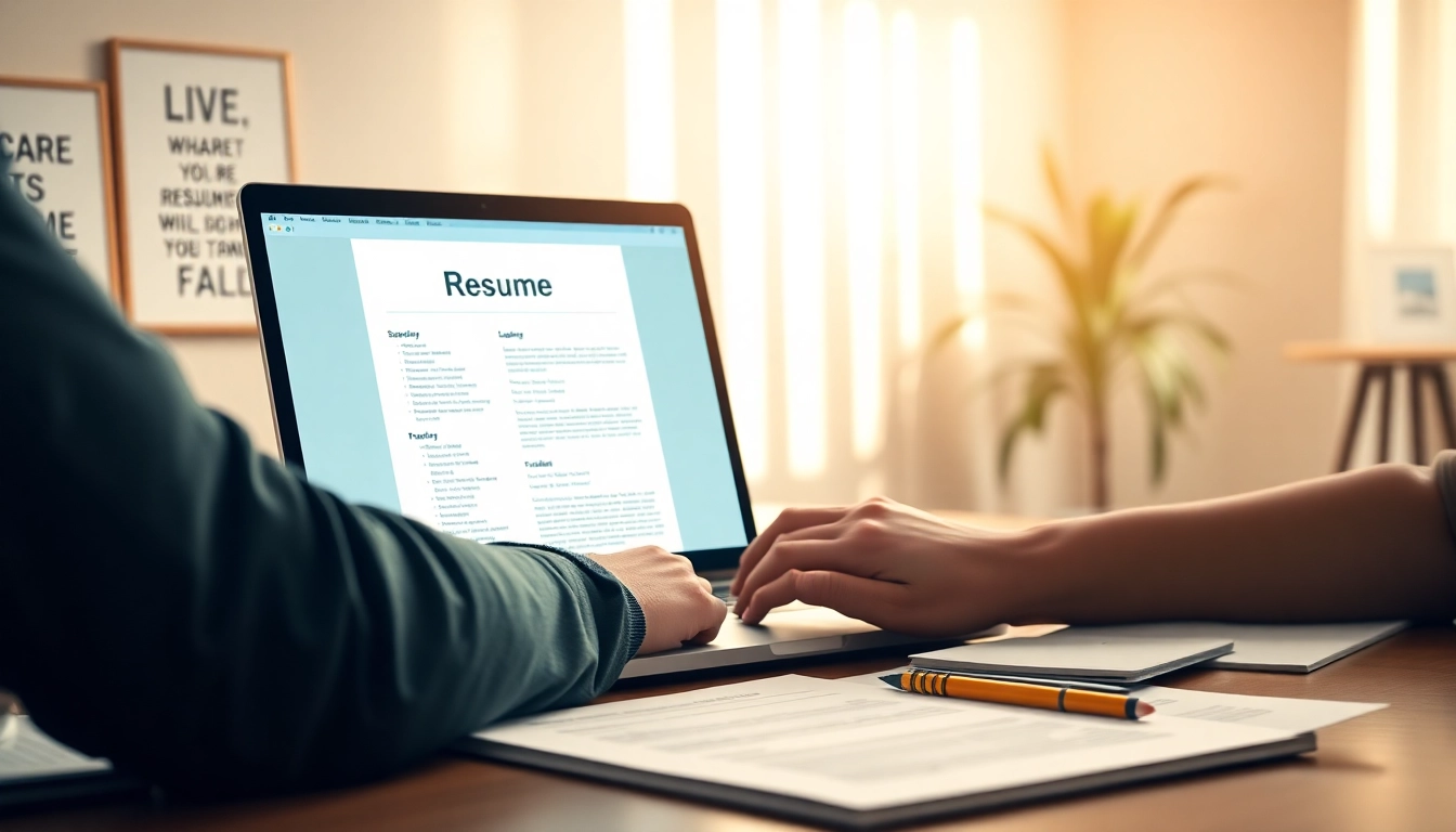 Engaging in resume building with a laptop and organized workspace showcasing professional elements.