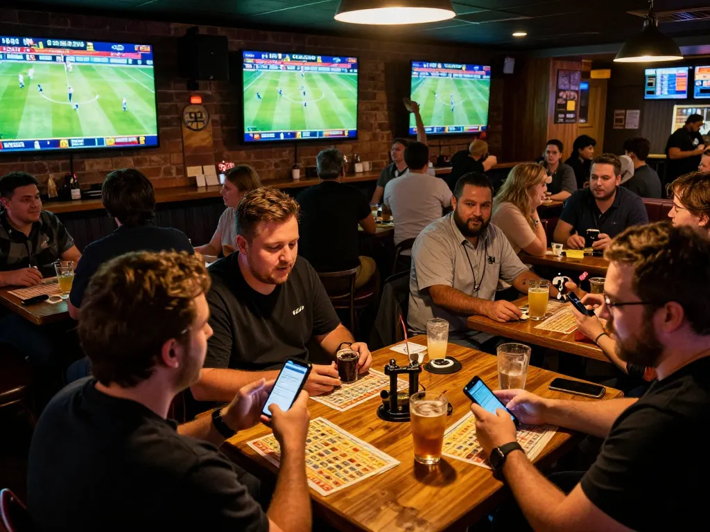 Cakhia tv enthusiasts placing bets with excitement during live sports in a vibrant bar atmosphere.