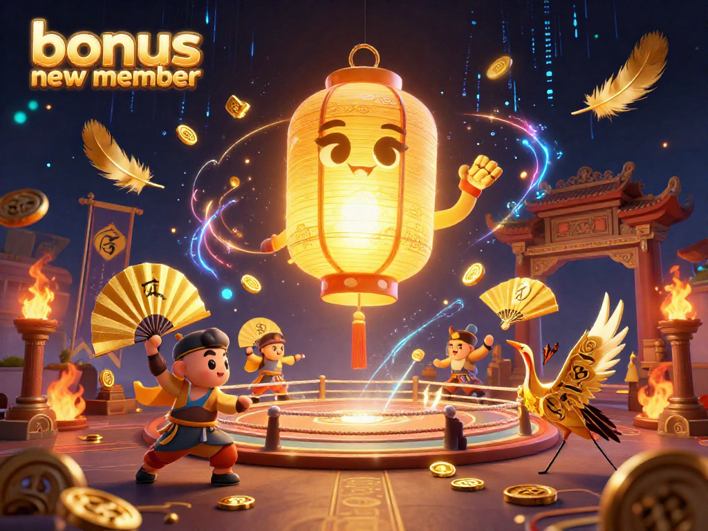 Engage with the bonus new member charm in a vibrant 3D casino scene featuring lucky symbols and gold.