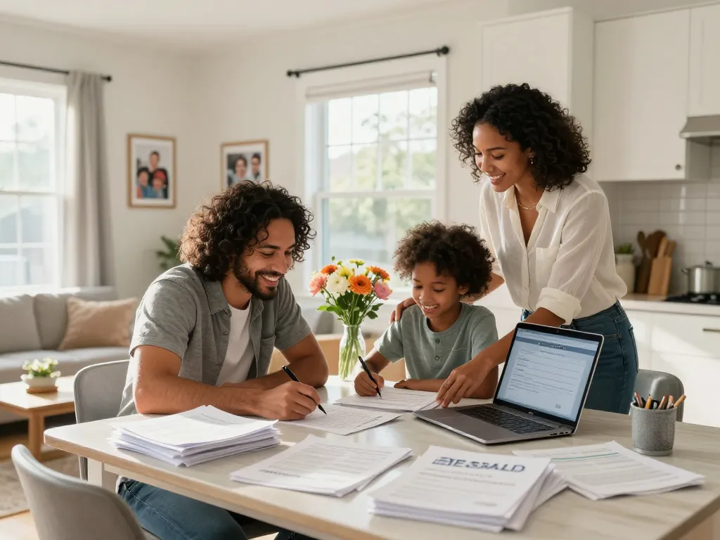 Family celebrating a quick house sale with a real estate agent in their bright kitchen.