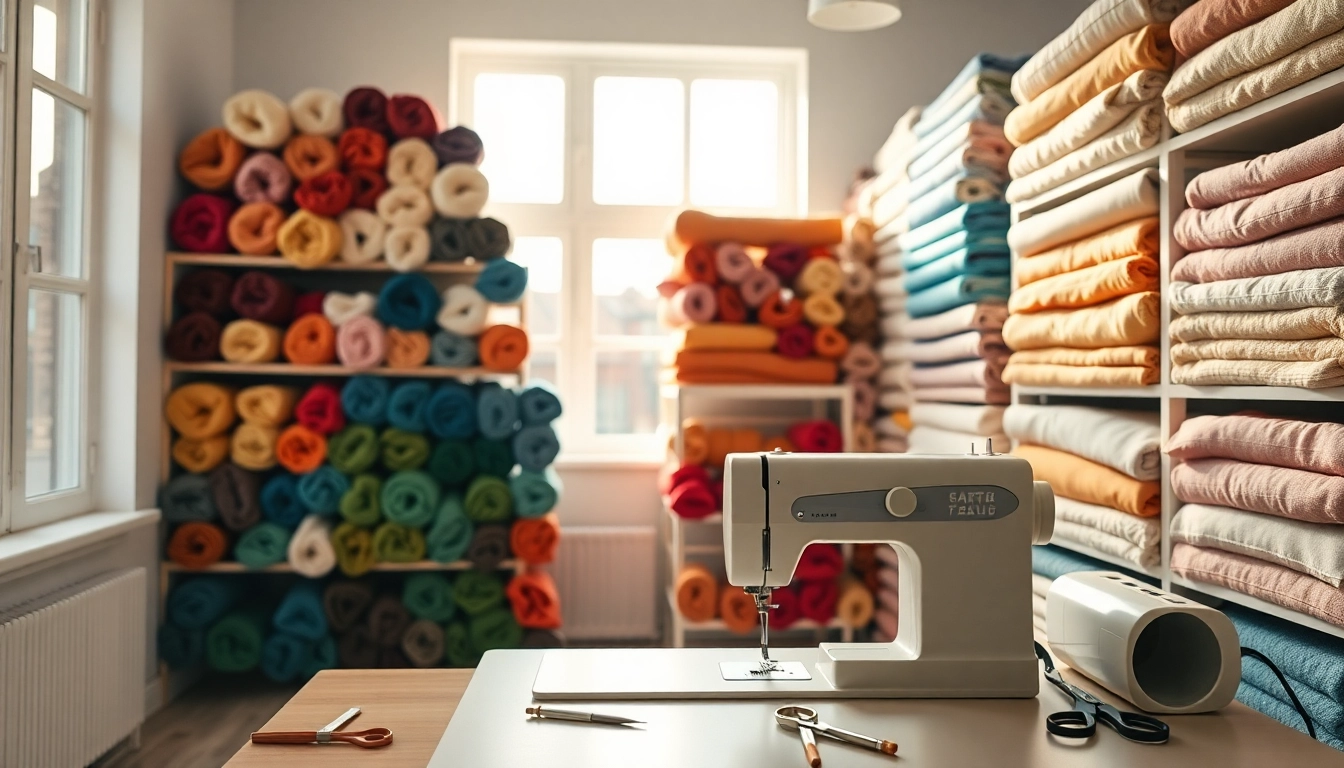 Fleece stof per meter in een stralende naai studio met kleurrijke rollen en gereedschap.