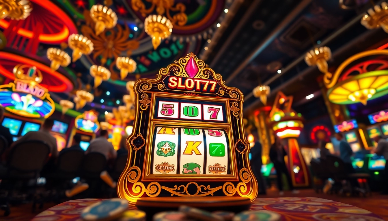 Menangkan permainan Slot77 dengan mesin slot yang berkilau dan suasana kasino yang ramai.