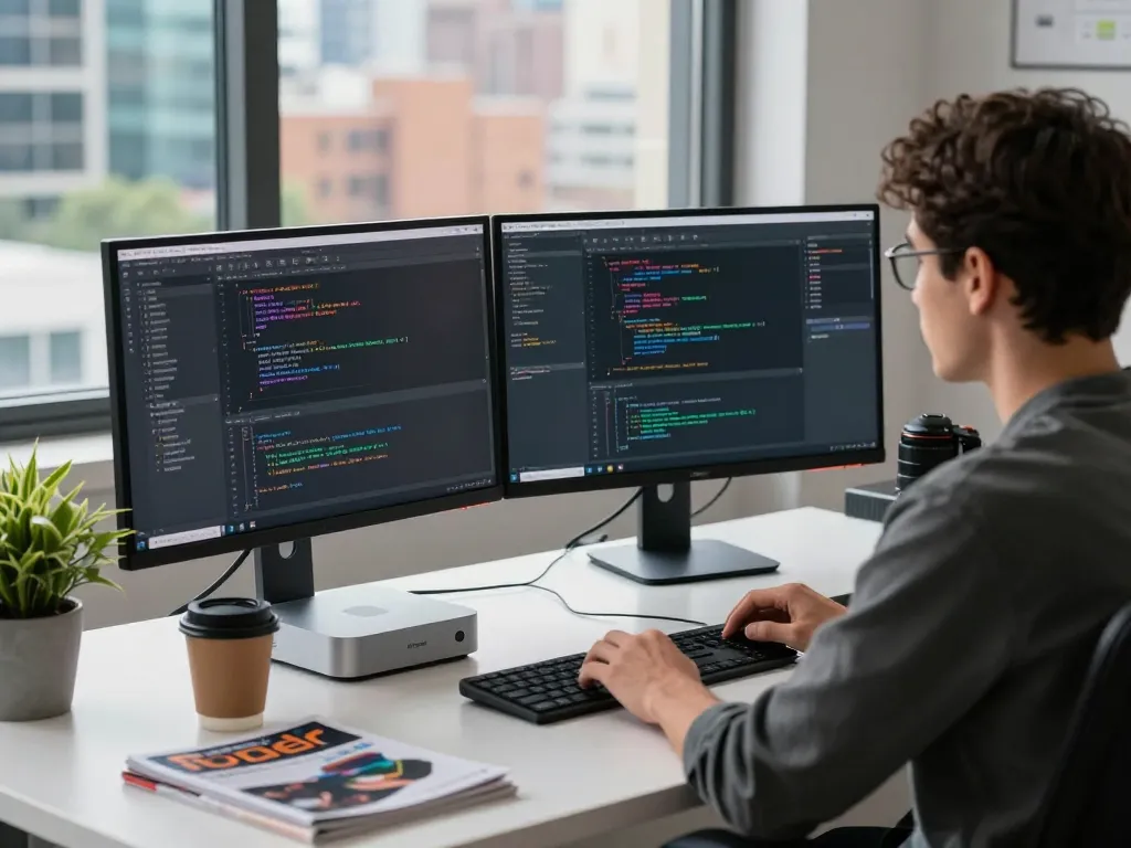 Developer coding in a tech workspace featuring a Mac mini and dual monitors with vibrant cityscape backdrop.