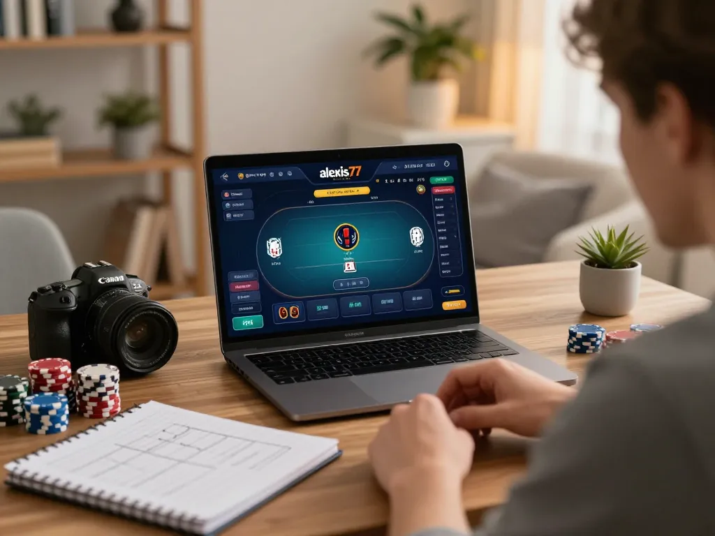Engaged player enjoying poker on alexis77 platform at home, showcasing strategic gameplay atmosphere