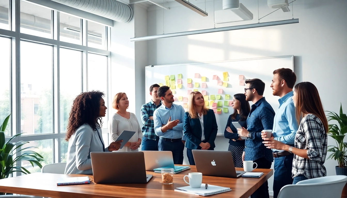 Agency team collaborating in a modern office, showcasing a creative atmosphere.