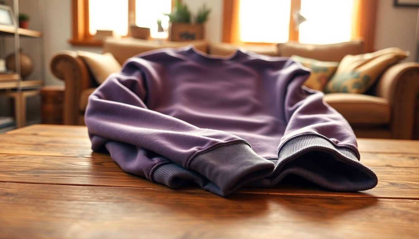Stylish crew neck sweatshirt displayed on a rustic table, showcasing its soft fabric and design.