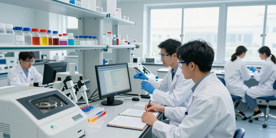 Scientists working collaboratively on peptide research products in a modern laboratory filled with advanced equipment.