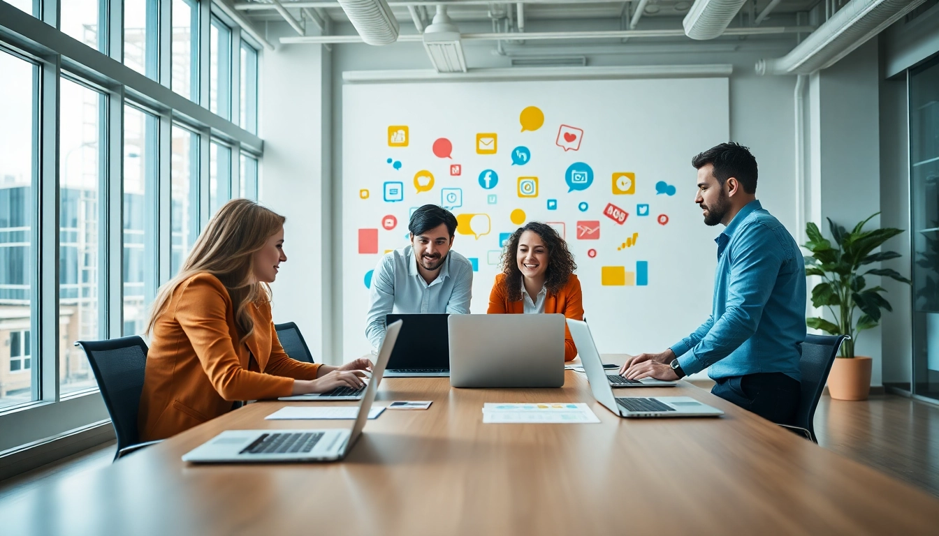 Boost Social Media team collaborating in a bright office setting, showcasing creativity in action.