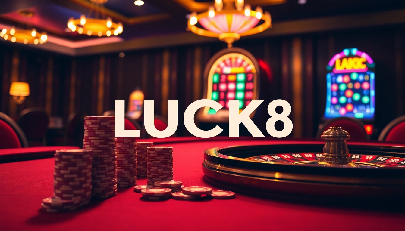 LUCK8 casino table with stacked chips and roulette wheel showcasing a luxurious gambling atmosphere.
