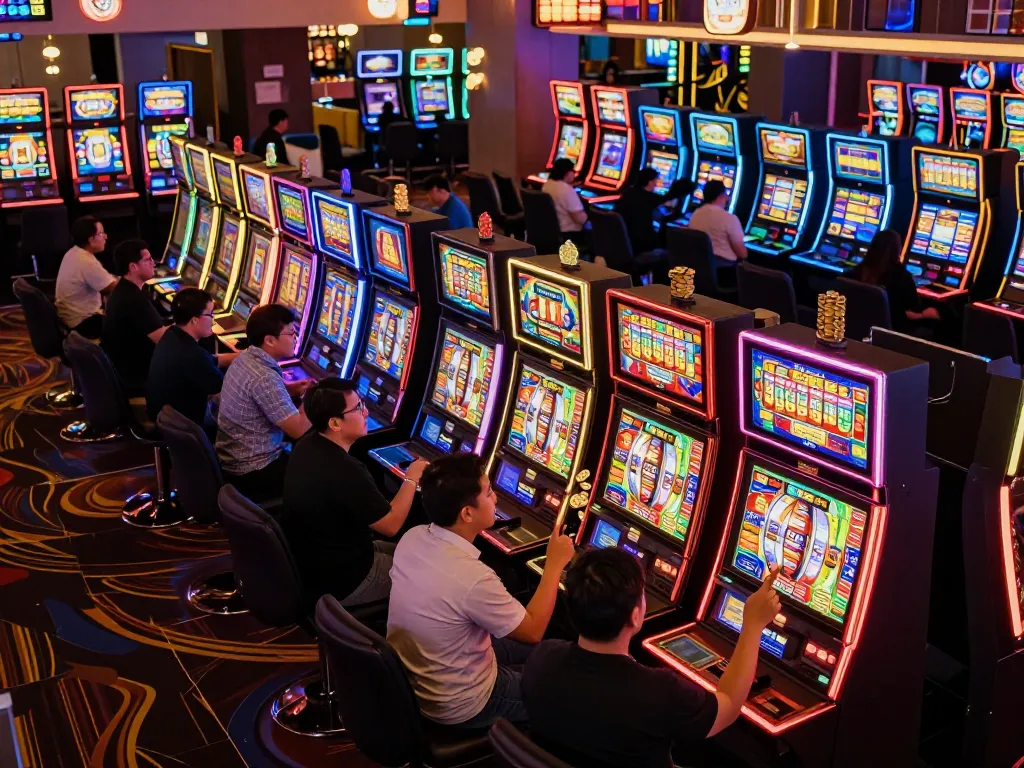 Experience the excitement of slot gacor hari ini with players celebrating wins at vibrant casino slots.