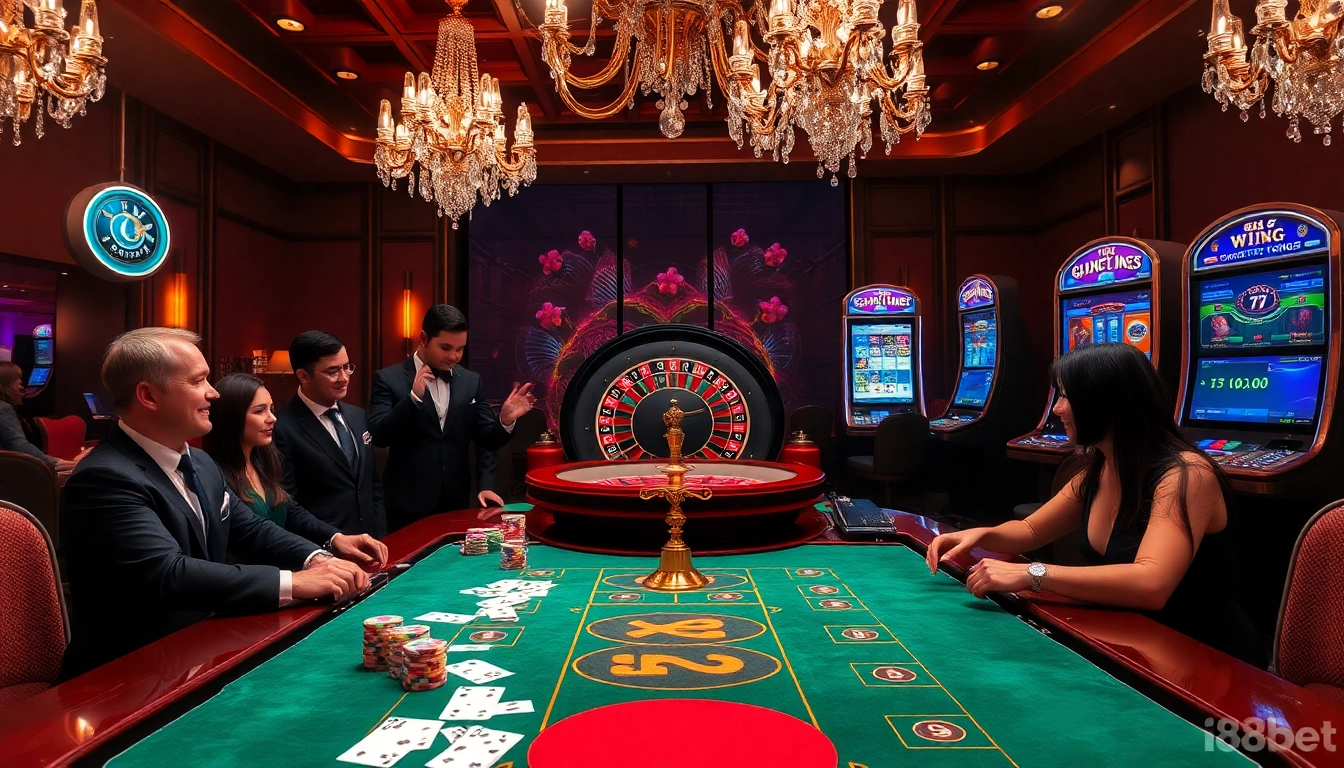 Excited players placing bets at a luxurious casino table featuring 188bet elements and vibrant poker chips.