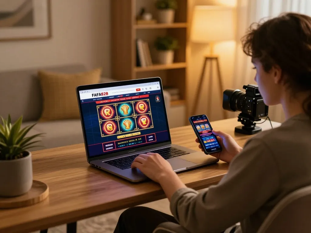Engaging player exploring FAFA828 casino games on a stylish laptop and mobile device in a cozy home.