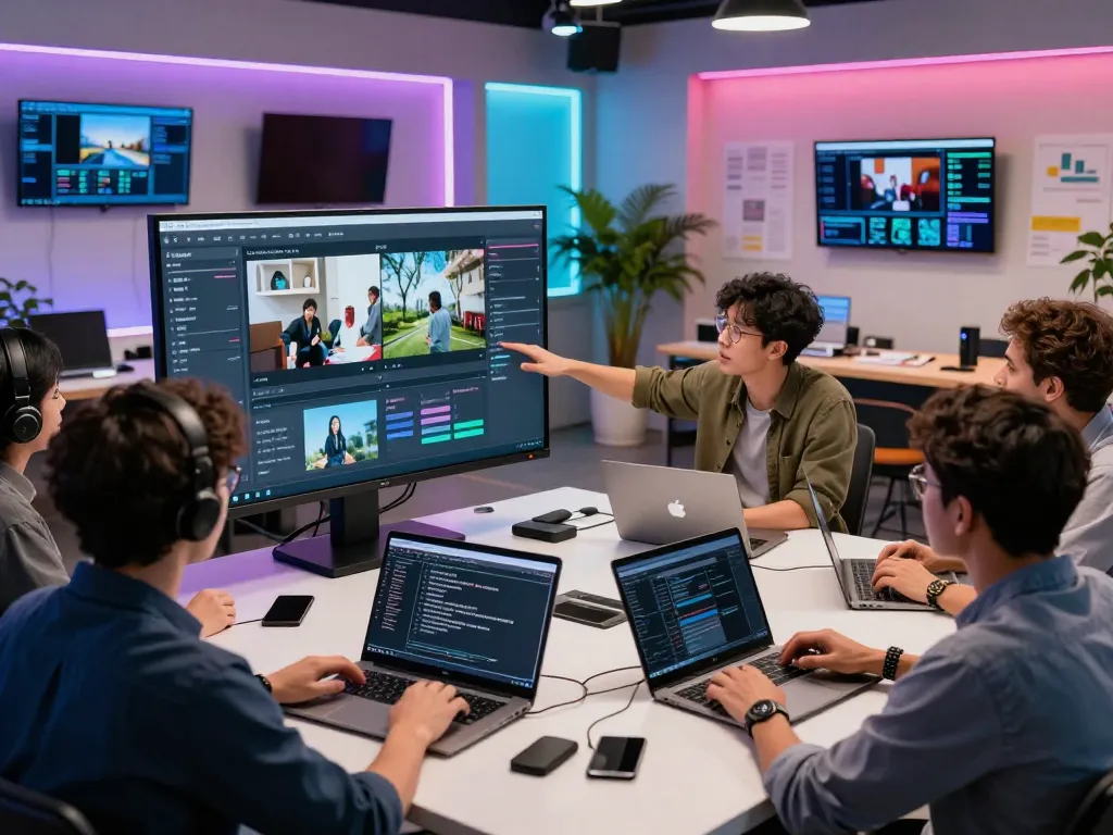 Innovative video to prompt AI generator technology in action, showcasing team collaboration in a modern tech studio.